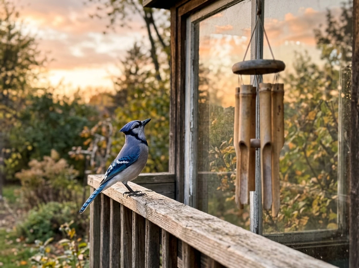 Blue jay perched on a railing at dusk with gentle reflections, suggesting divine messages.
