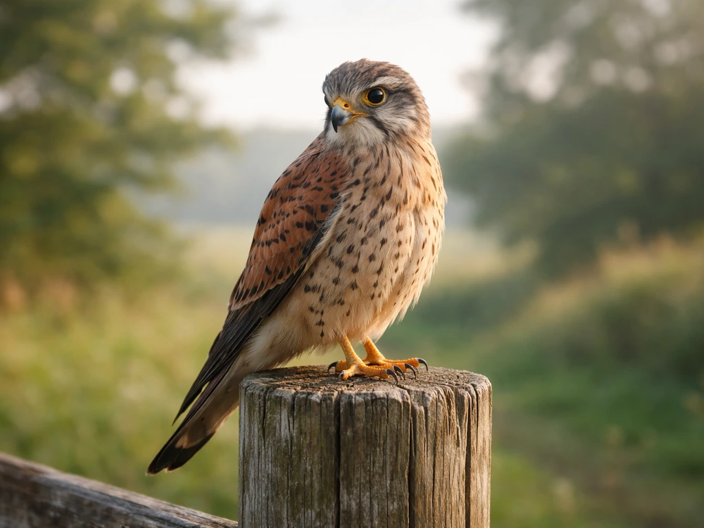 Majestic kestrel perched on a wooden fence post, staring sharply with a watchful gaze.
