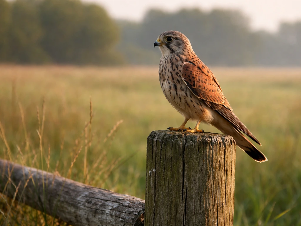 Small kestrel perched on a branch, alert and scanning the landscape in natural light.