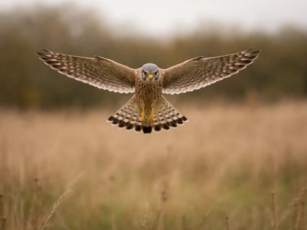 A kestrel hovering above open ground, wings spread as it scans the area.