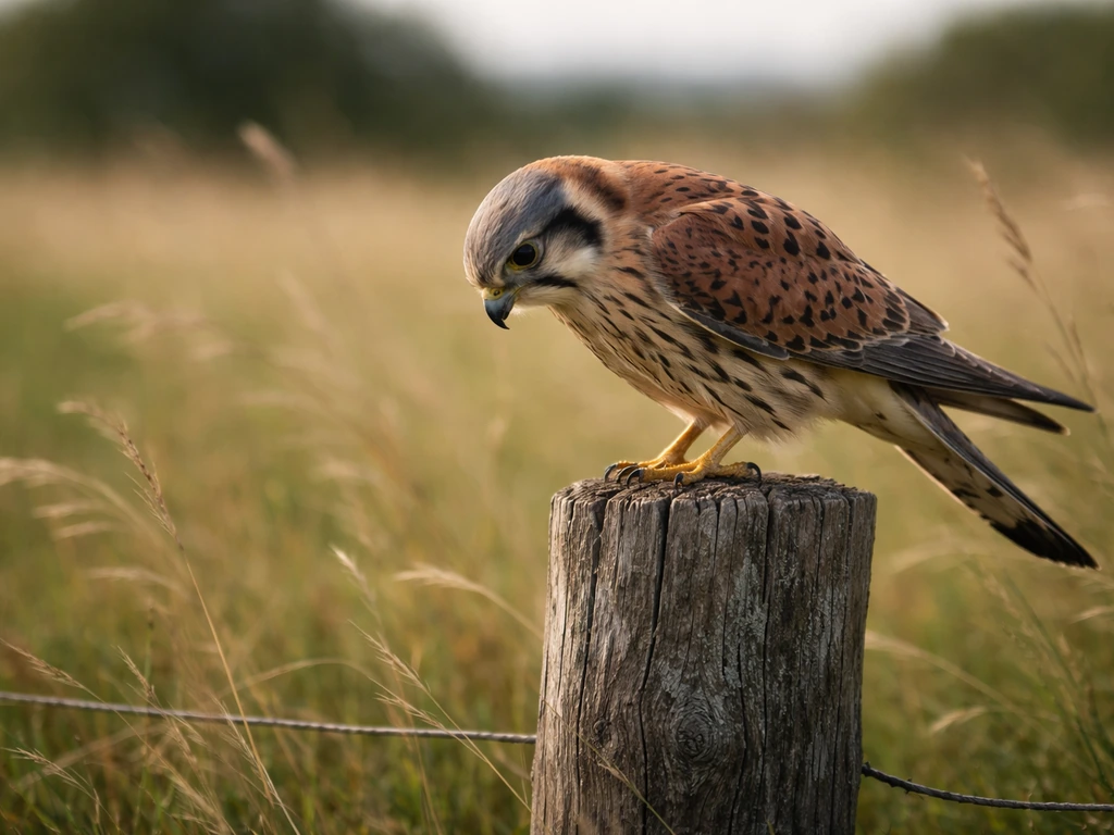 Kestrel perched on a fence post in a grassy field, scanning the ground for prey.