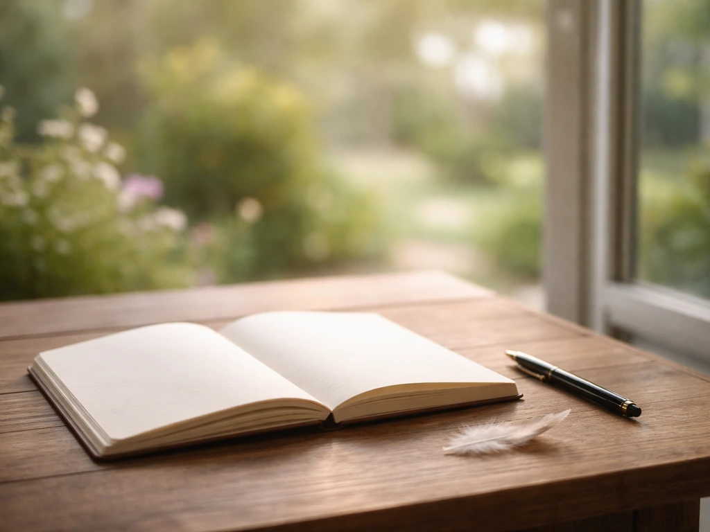 Open notebook and pen by a window with soft natural light and a small feather nearby.