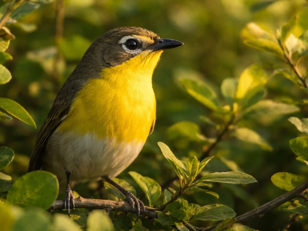 Close-up of a yellow-breasted chat perched in leafy brush in warm natural light.
