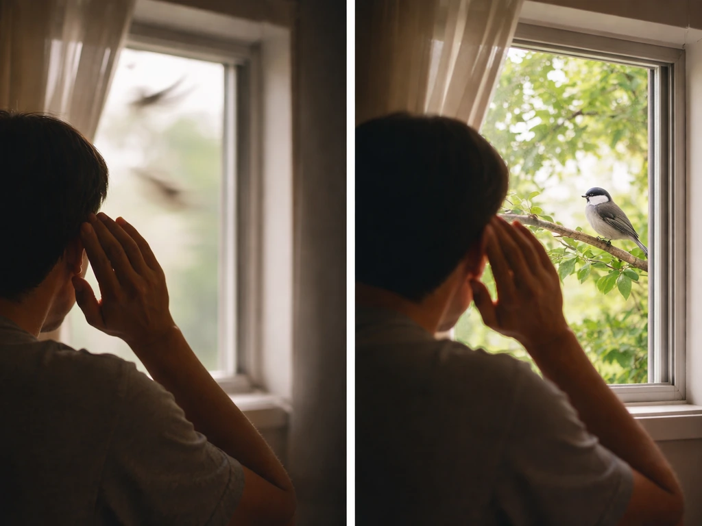 Split-scene photo of a person in a quiet room then looking out at a tree where a bird finally appears