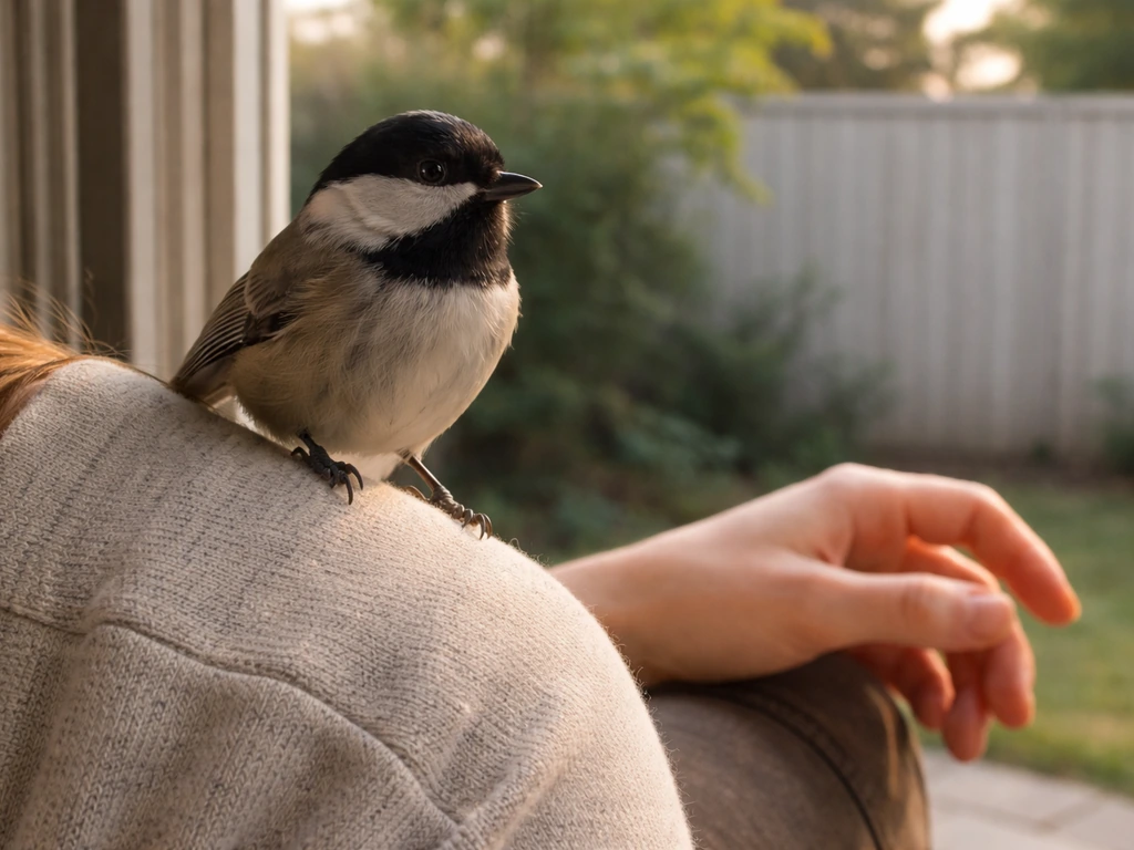 A small bird lands very close to a person’s shoulder and hand in a quiet backyard.