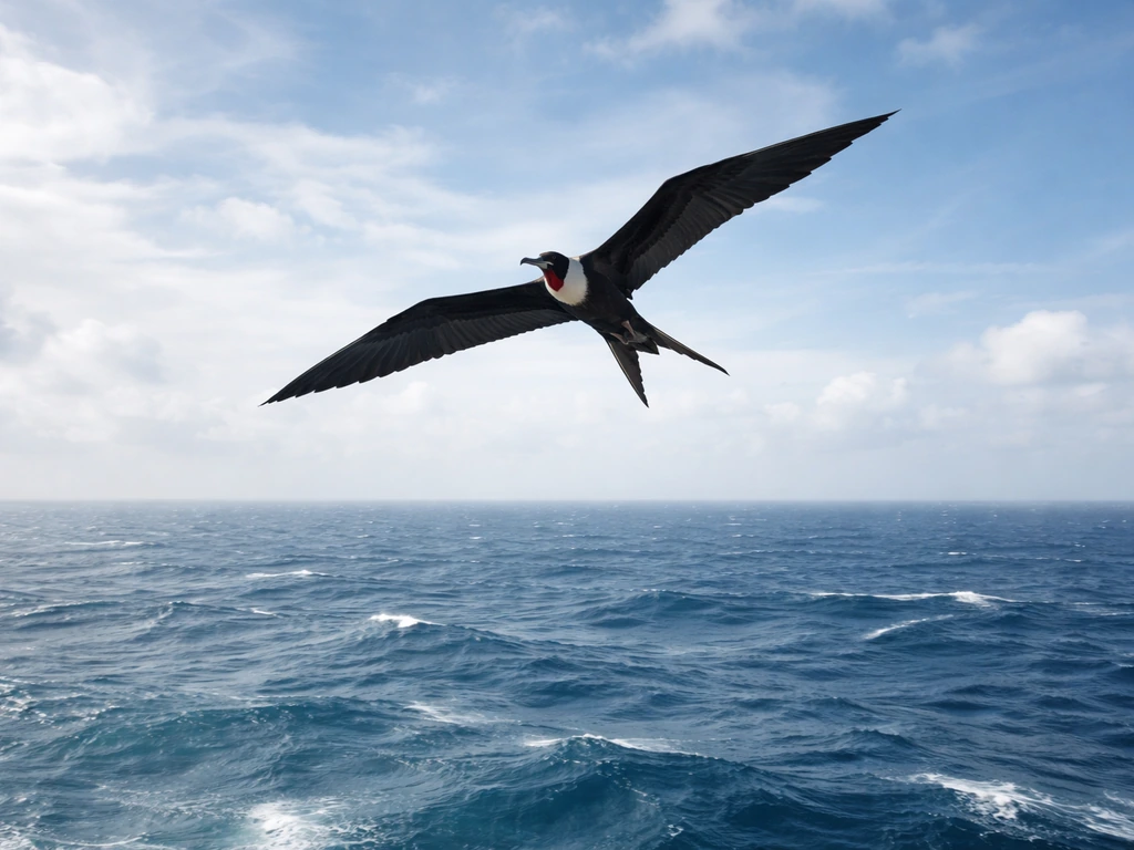 Frigate bird gliding dramatically above a wind-rippled ocean, symbolizing sky-ocean spiritual freedom.