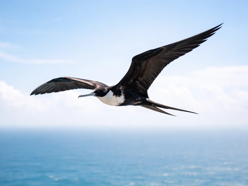 Frigate bird gliding through open sky, wings spread over faint ocean haze.