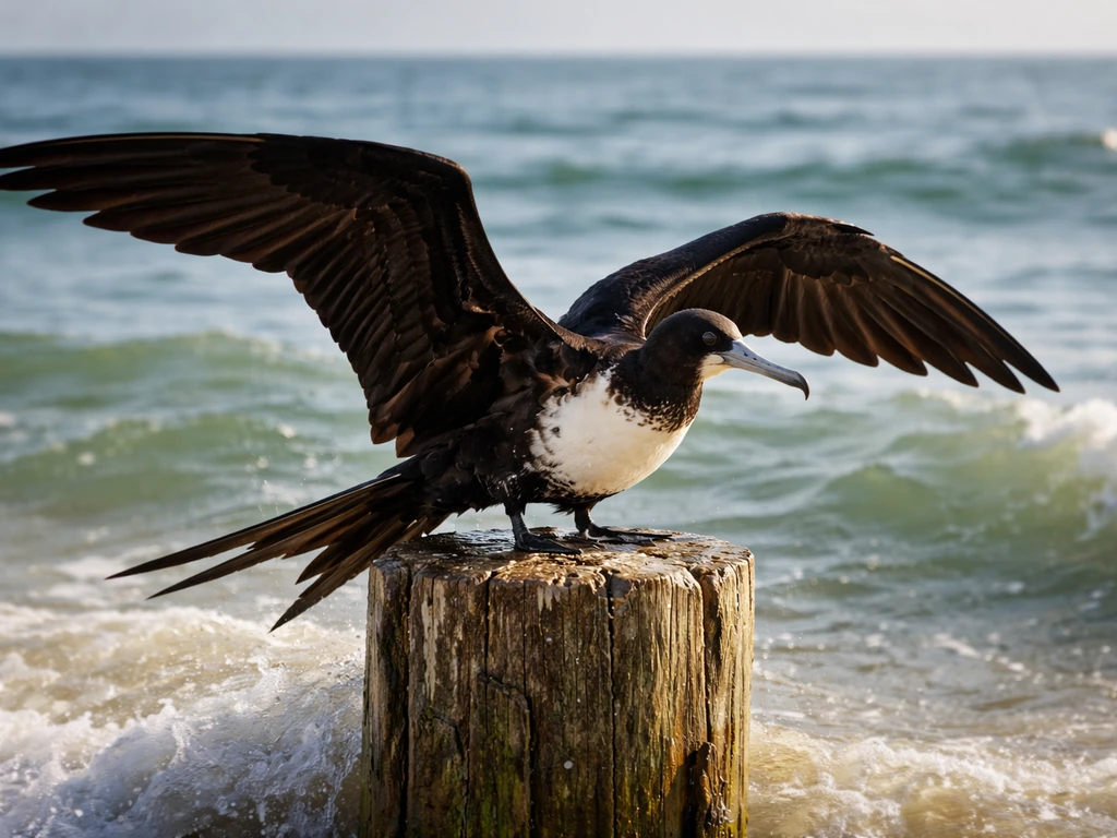 Close-up of a frigate bird perched on a coastal piling by the water with wings partially spread.