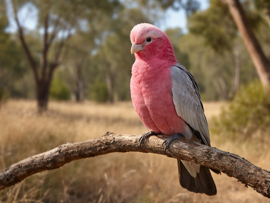A lifelike galah bird perched on a branch in an Australian landscape, calm and attentive.