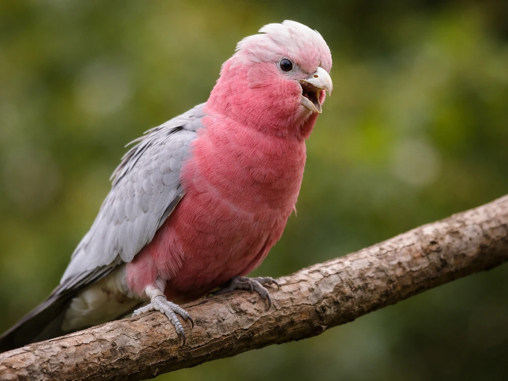 A galah perched on a branch, captured mid-chatter with wings slightly lifted.
