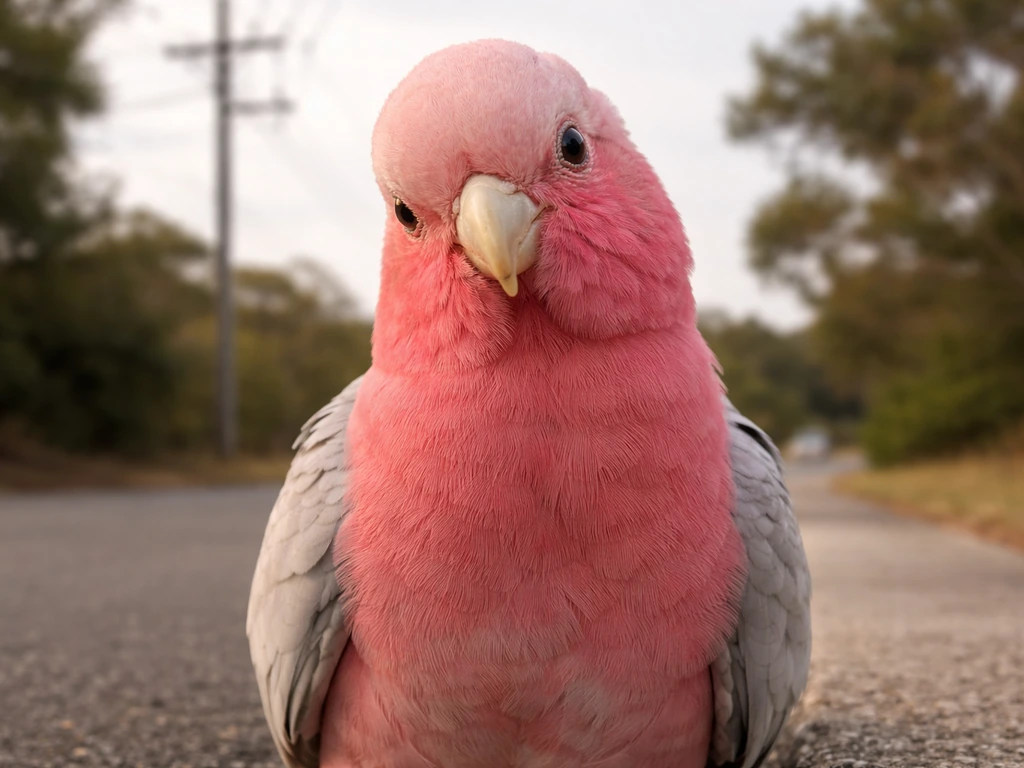 Close-up of a galah perched near the camera, calmly watching with steady eye contact.