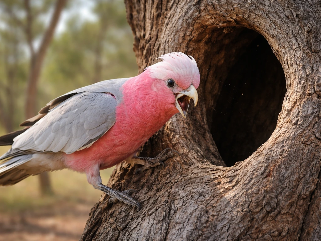 Galah lunging protectively near a tree hollow nest entrance in natural light.