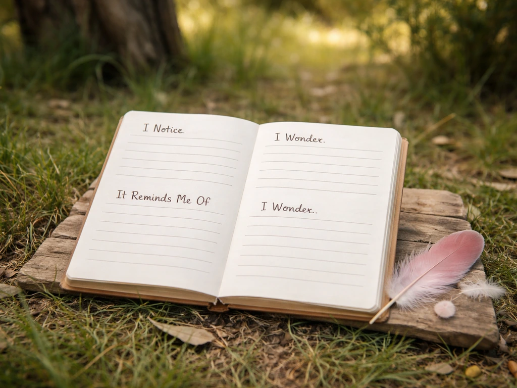Outdoor nature journal open to simple prompts beside a galah-feather motif.