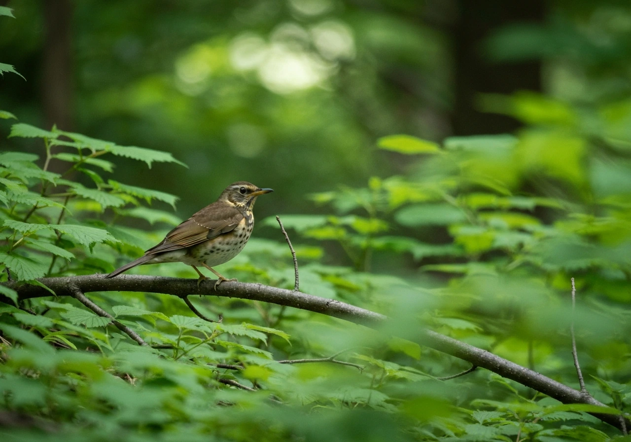 Close-up thrush bird perched in green forest understory foliage, softly lit and in sharp focus.