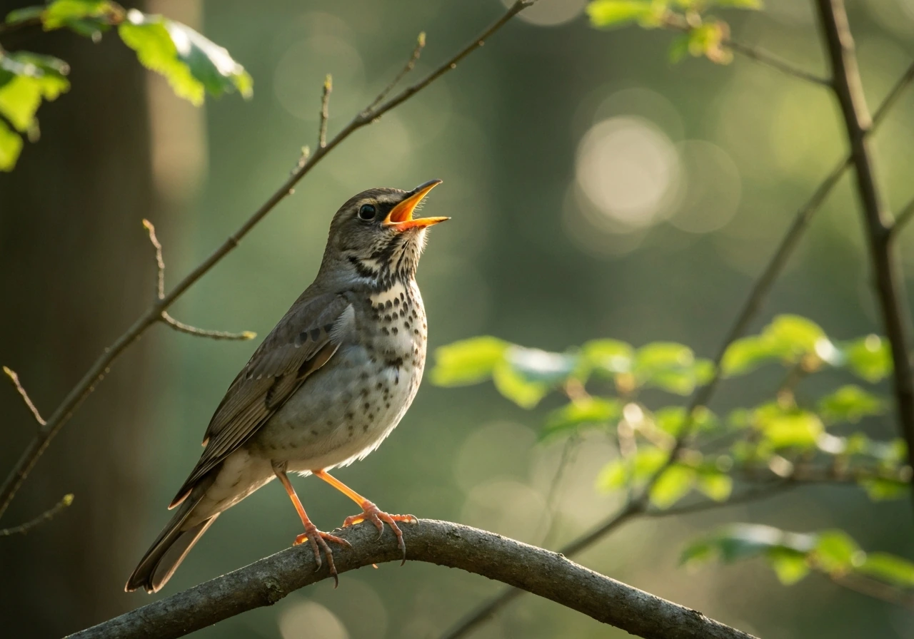 A thrush perched mid-song in soft forest light, throat and bill visible, natural and minimal scene.