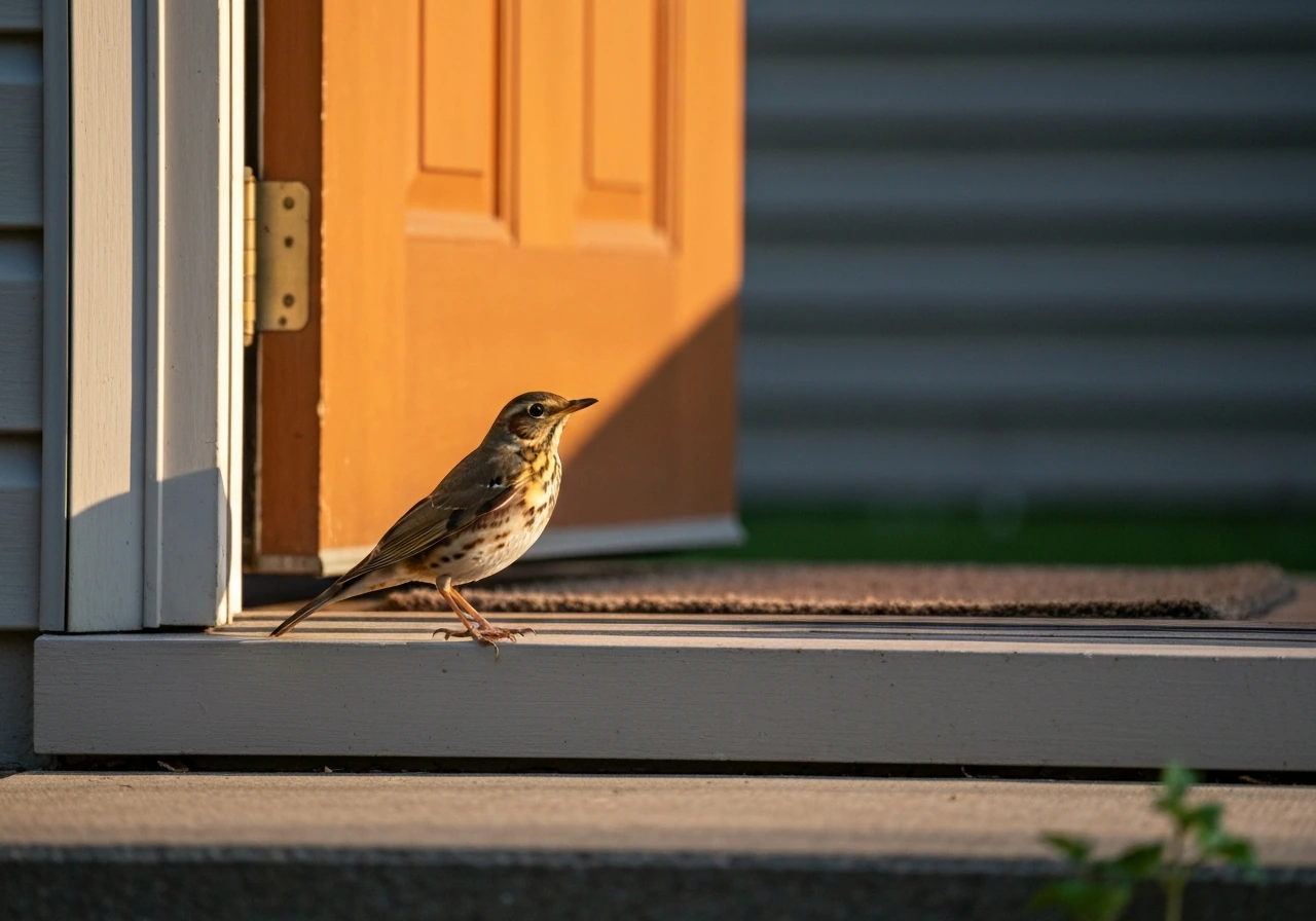 A small thrush perched near a warmly lit doorstep window, conveying home and belonging.