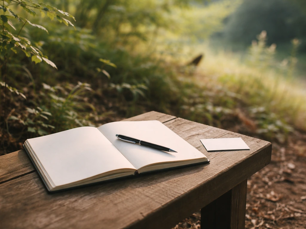 Outdoor journaling setup with an open notebook and pen beside a quiet natural backdrop