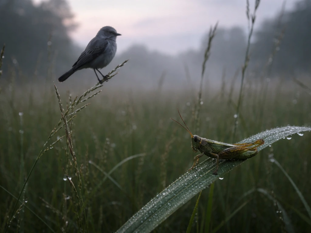 Gray bird perched in tall grass with a grasshopper in the foreground, moody dawn meadow light.