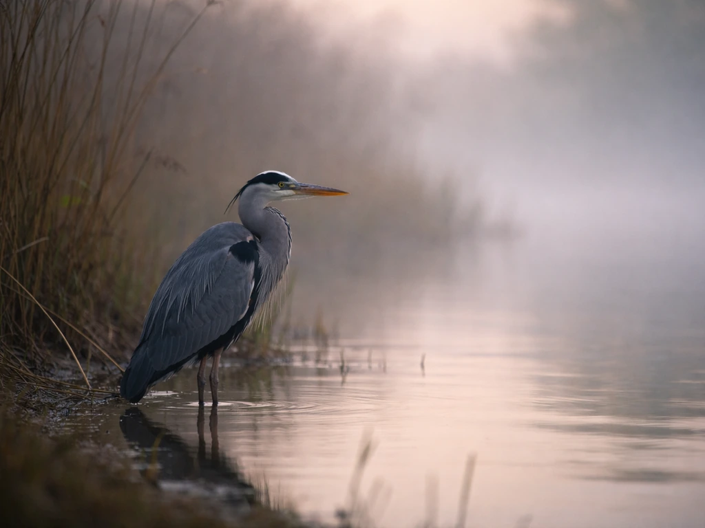 Gray heron-like bird standing still by reeds at the water’s edge in muted, transitional light.
