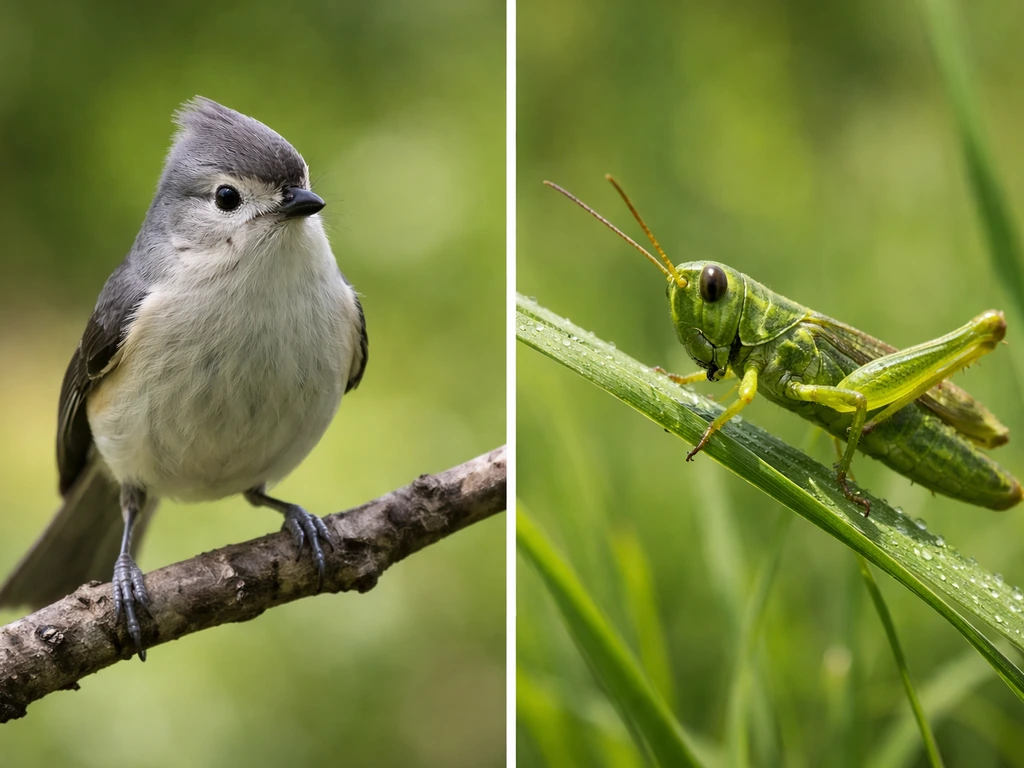 Split scene: gray bird perched calmly on left, grasshopper poised to leap on right.