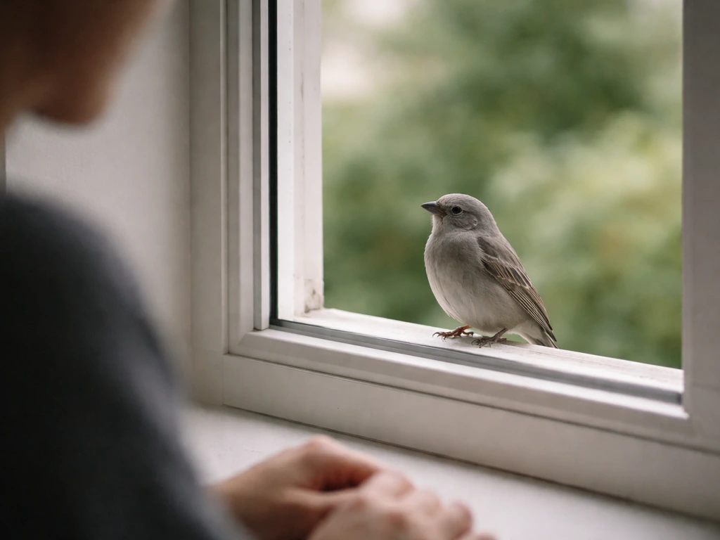 A quiet gray bird perched near an open window, as if watching a person inside.
