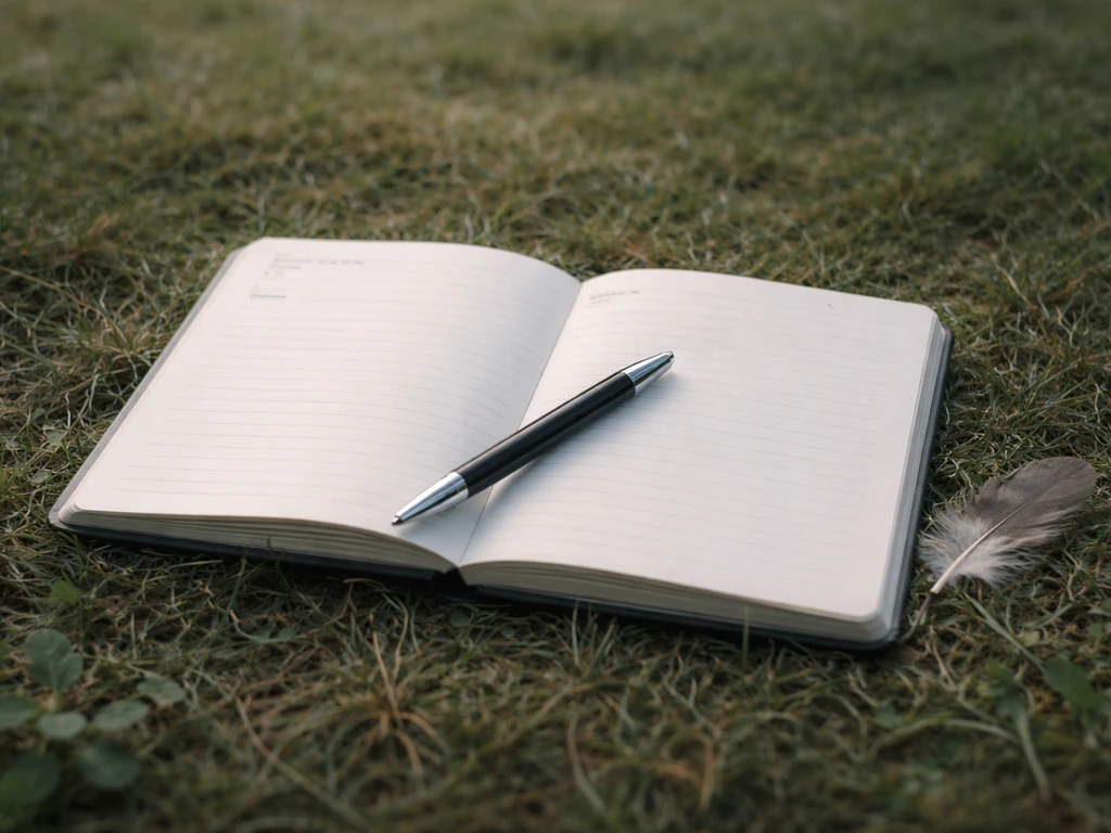 Open notebook with date/time/location fields, pen, and a small natural feather backdrop on a grassy surface.