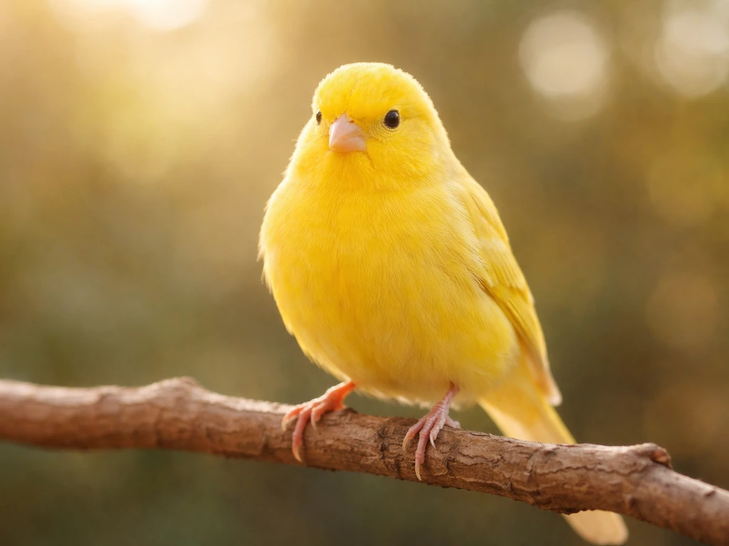 Bright yellow canary perched on a wooden branch in warm morning light, facing slightly toward the viewer.