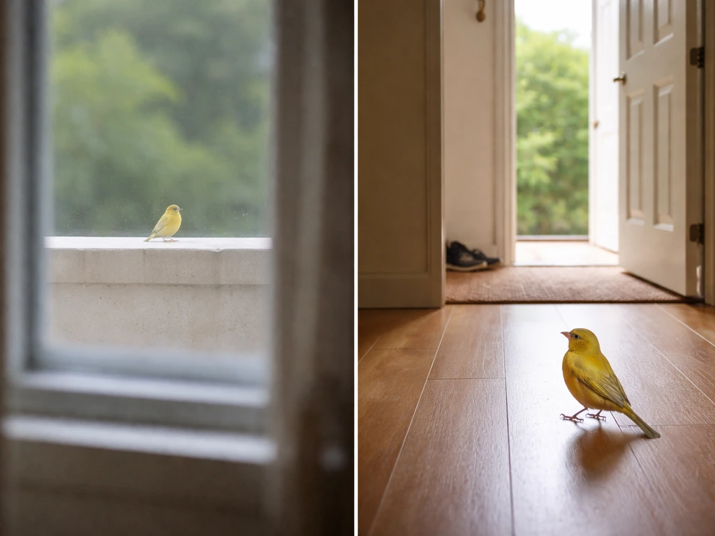 Split view of a distant canary by a window versus a closer, light-facing canary near an open doorway.