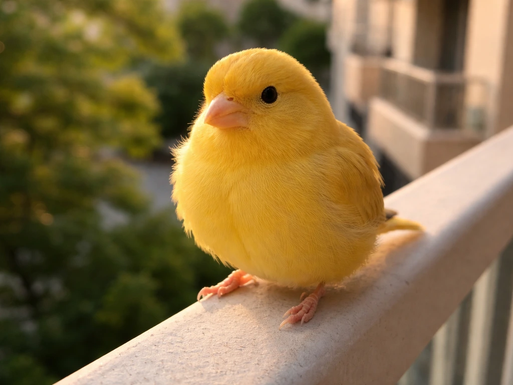 Bright yellow canary perched inches from the viewer on a balcony railing, singing in warm sunlight.