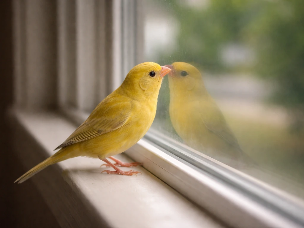 A small yellow canary taps a window pane from outside, with glass reflections visible
