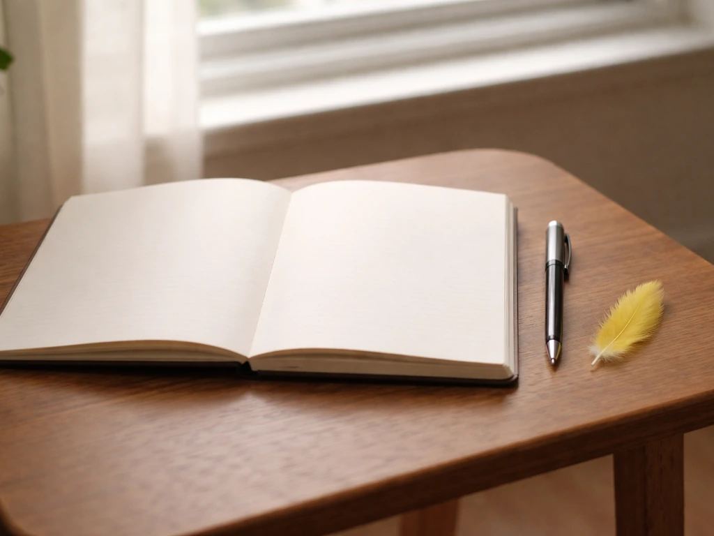 Open notebook with a pen beside a small yellow canary feather on a simple wooden table.