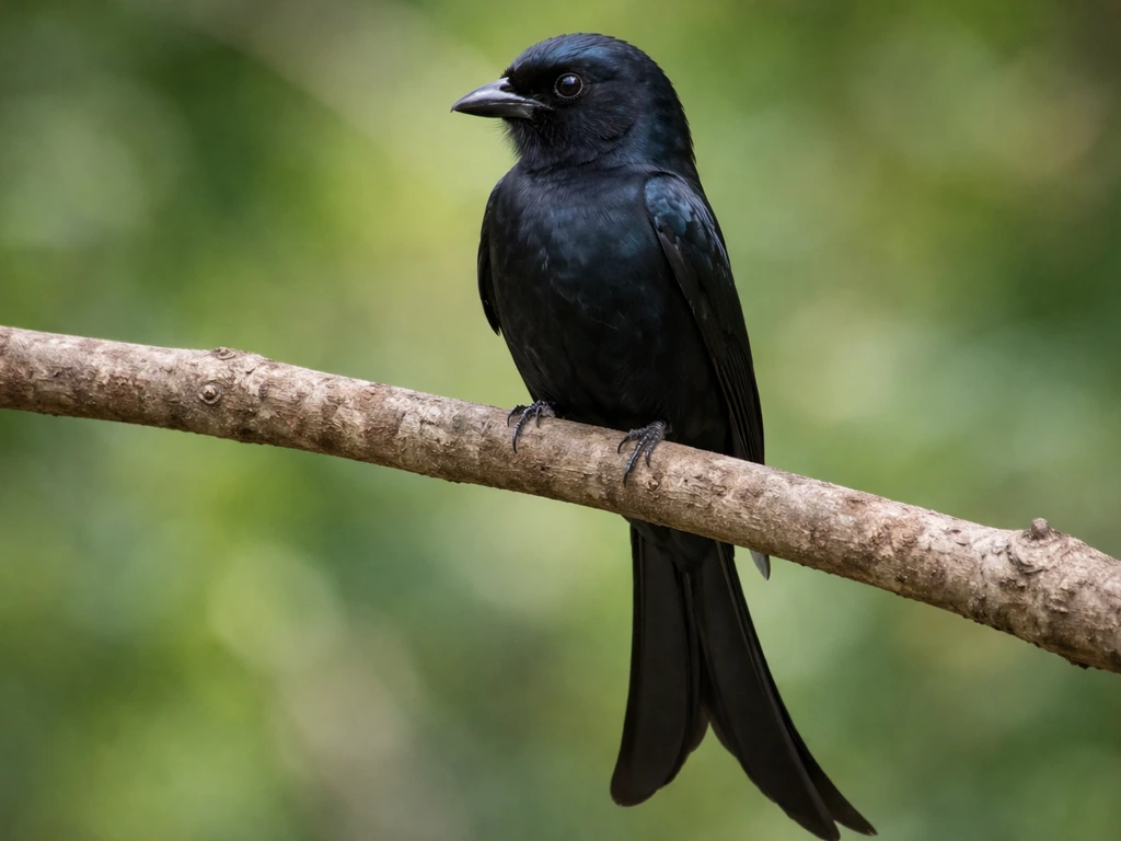 Glossy black drongo with a long forked tail perched on a branch in soft natural light