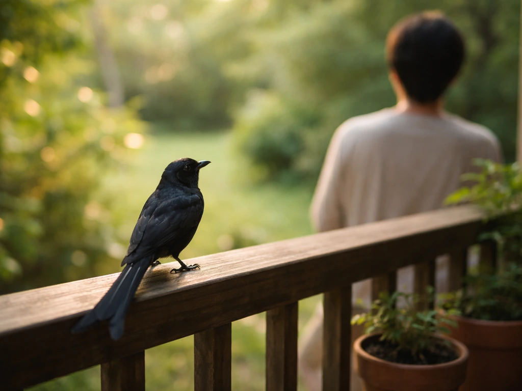 A drongo perched on a porch railing while an unseen person stands nearby in a garden setting.