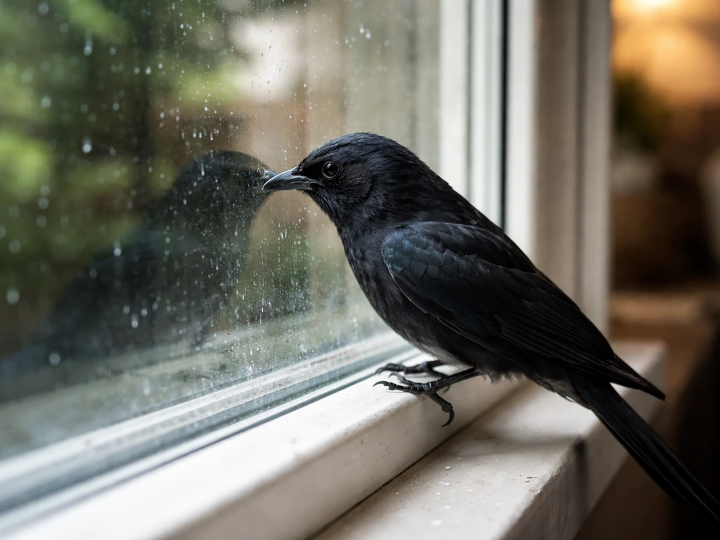 A drongo taps and pecks at a windowpane, with indoor-outdoor reflections visible.