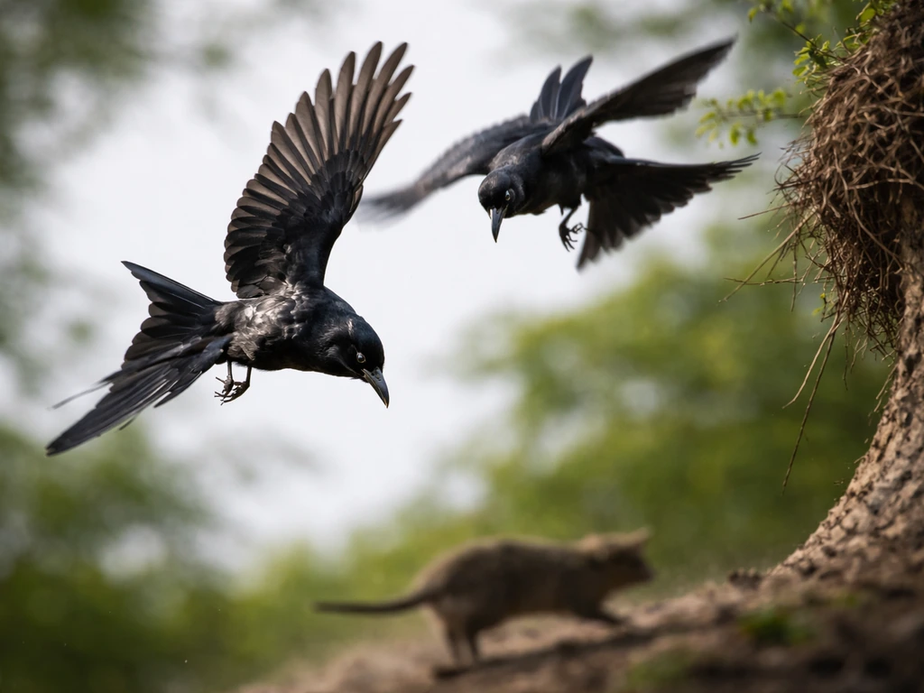 Two drongos dive-bombing near a nest as one animal scurries away in the background.