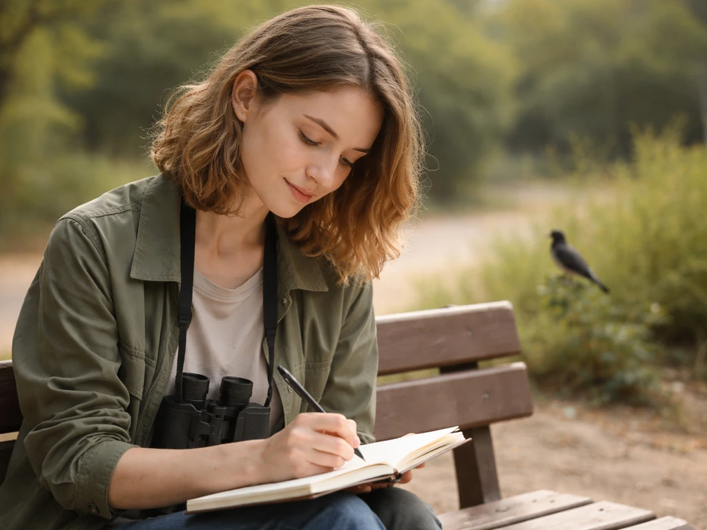 Person writing in an open notebook outdoors right after spotting a bird, with greenery in the background.