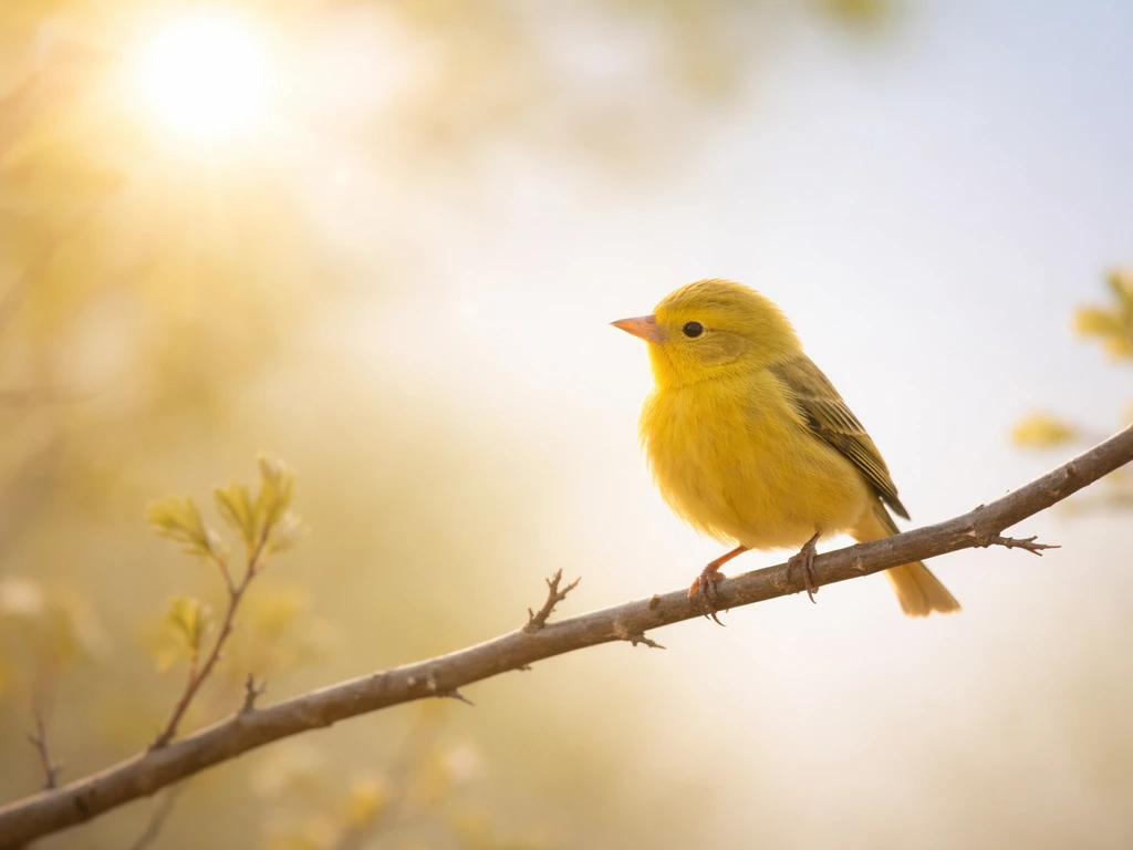 Bright yellow bird perched in golden morning light, warm sky and hopeful natural setting