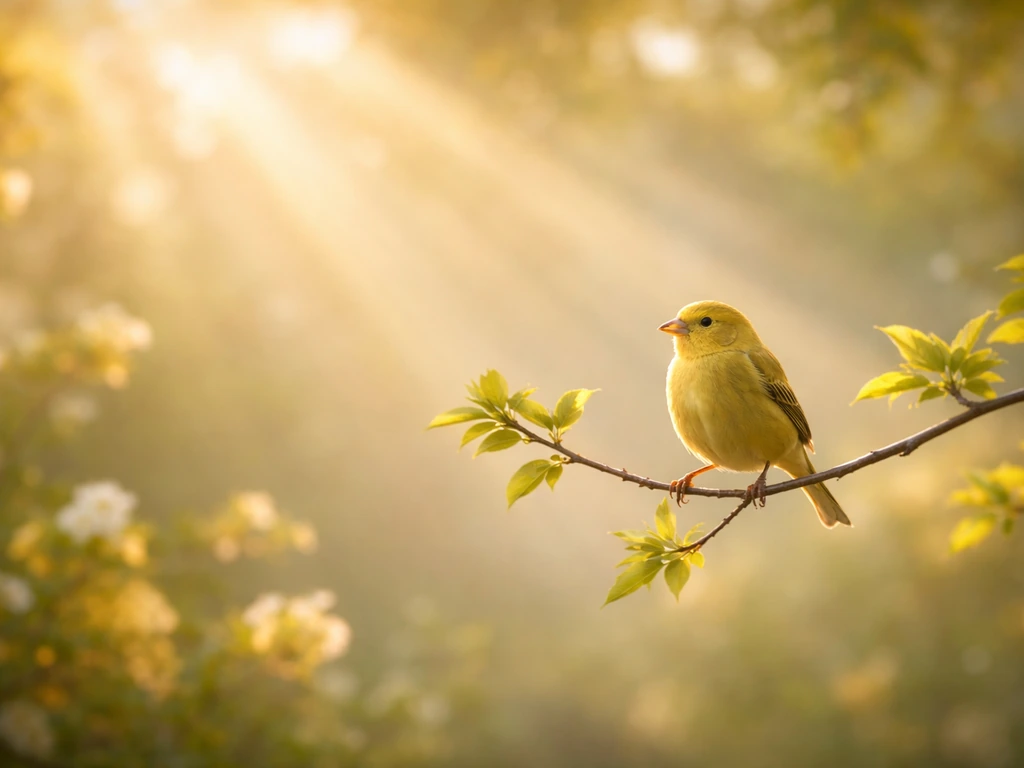 A yellow bird perched in warm sunlight with soft rays and a calm, hopeful natural background.