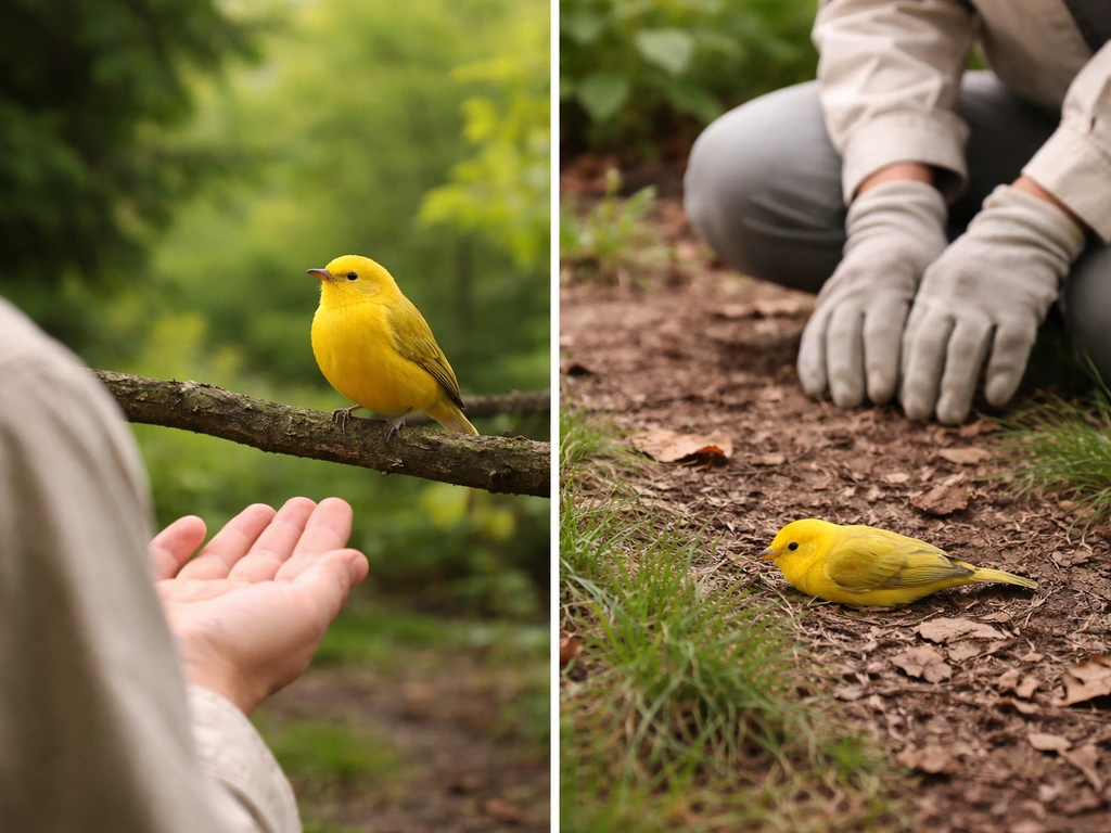 Split scene: a living yellow bird near an outstretched hand, and a yellow bird found on the ground nearby.