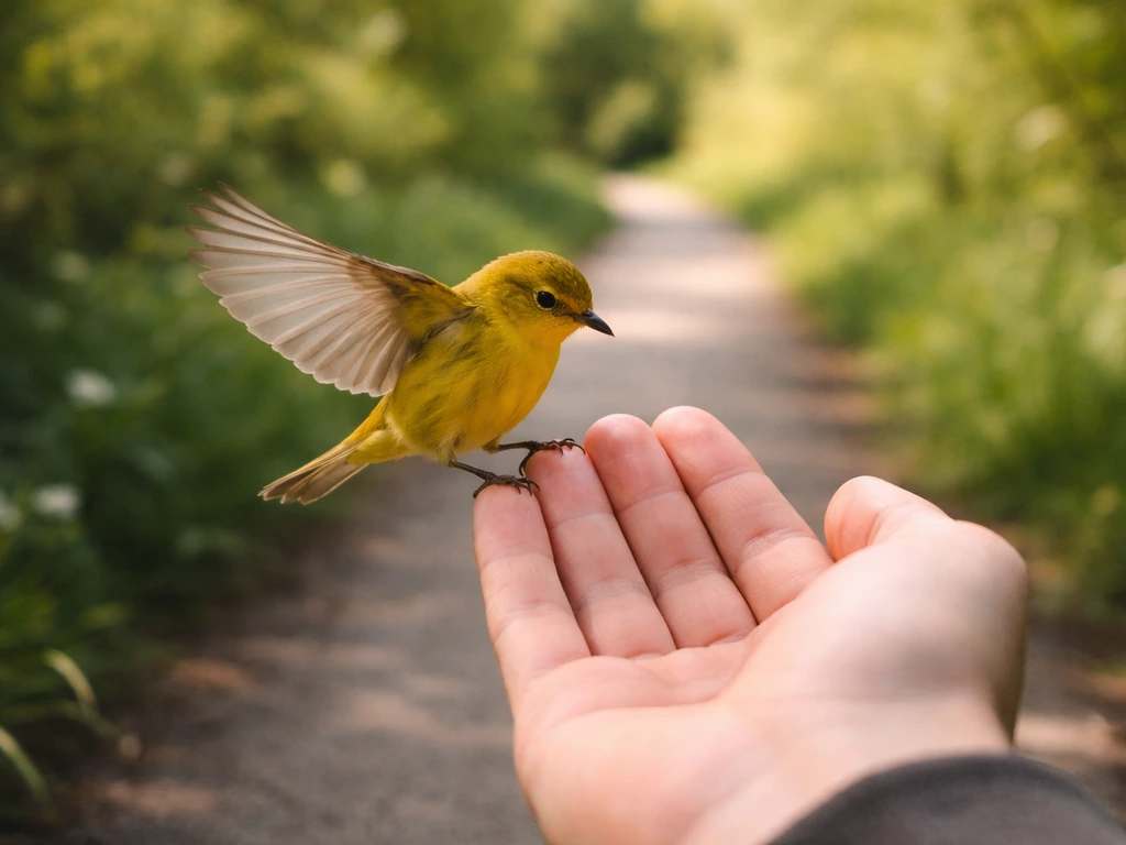 Small yellow bird landing on an anonymous person’s fingertips outdoors with soft green background bokeh.