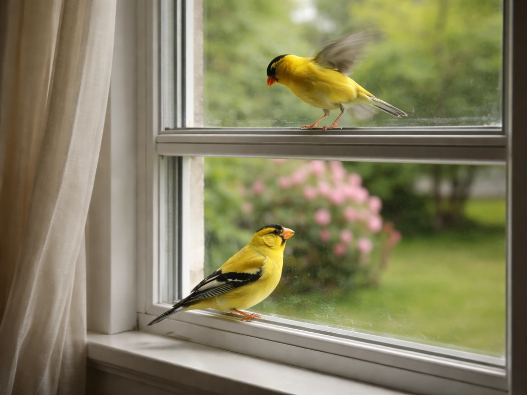 Yellow bird perched and pecking at a home window glass in quick succession.