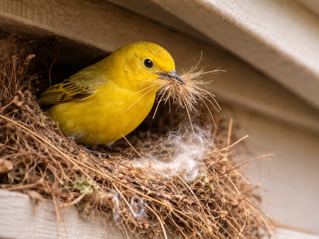 Yellow bird actively arranging nesting materials under a home roof eave near the entrance.