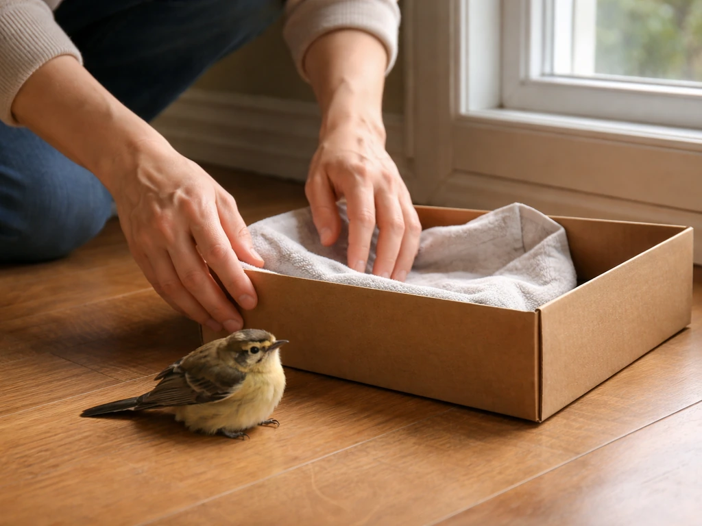 Hands set a towel and cardboard box by a window while a stunned bird rests safely.