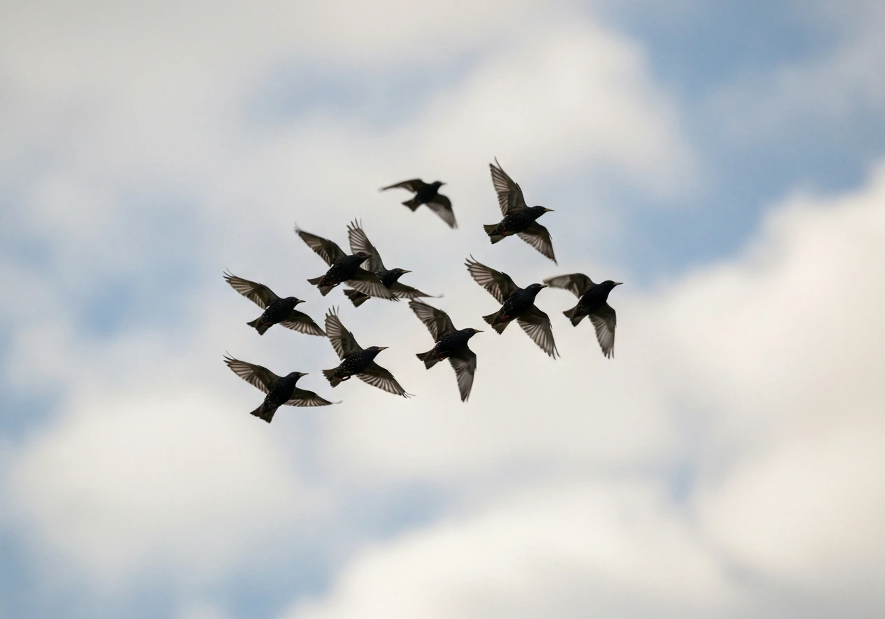 Small flock of starlings flying in coordinated patterns against a cloudy sky.