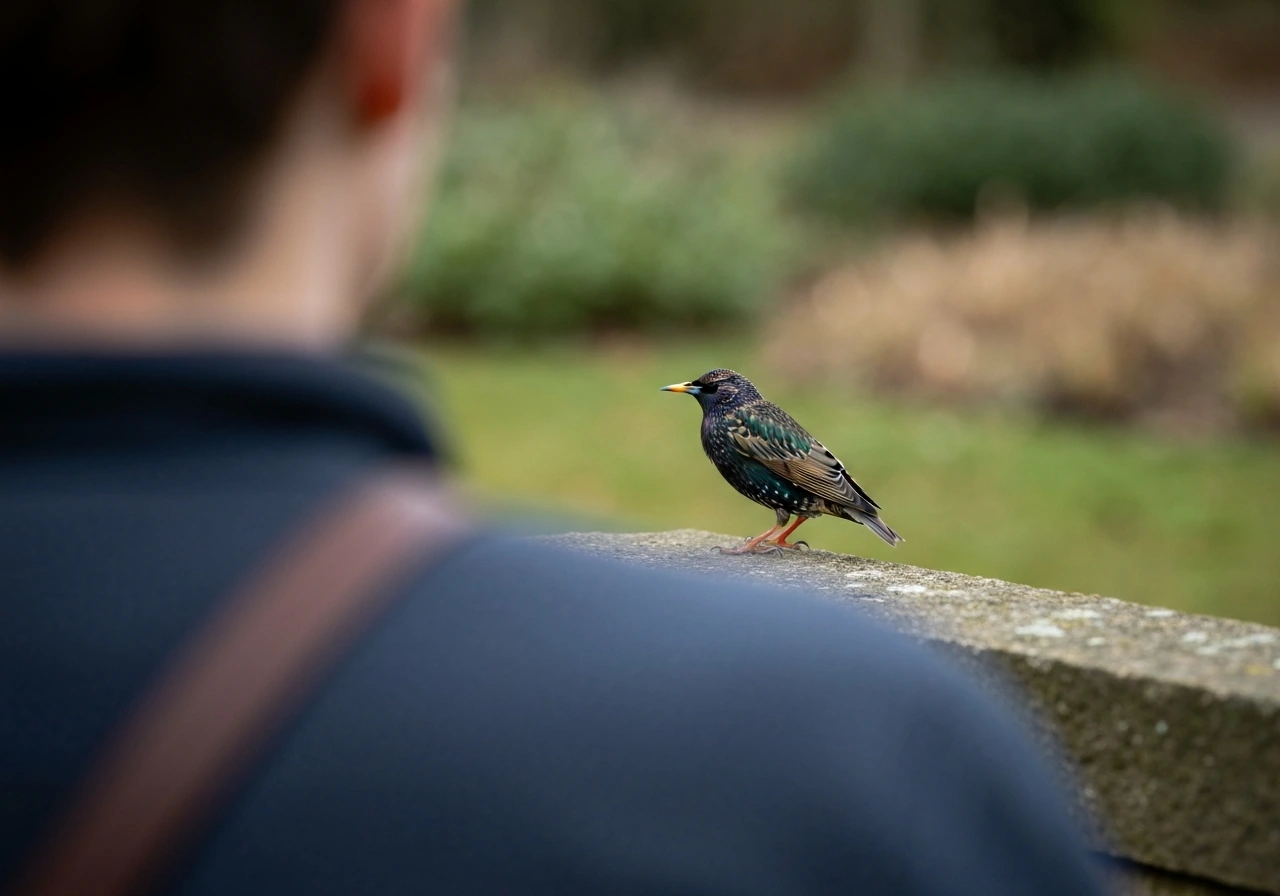 A sharply focused starling perched very close to a blurred person outdoors, suggesting intentional landing nearby.