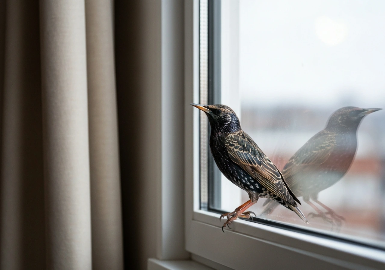 A starling perched at a window, tapping the glass with its reflection visible