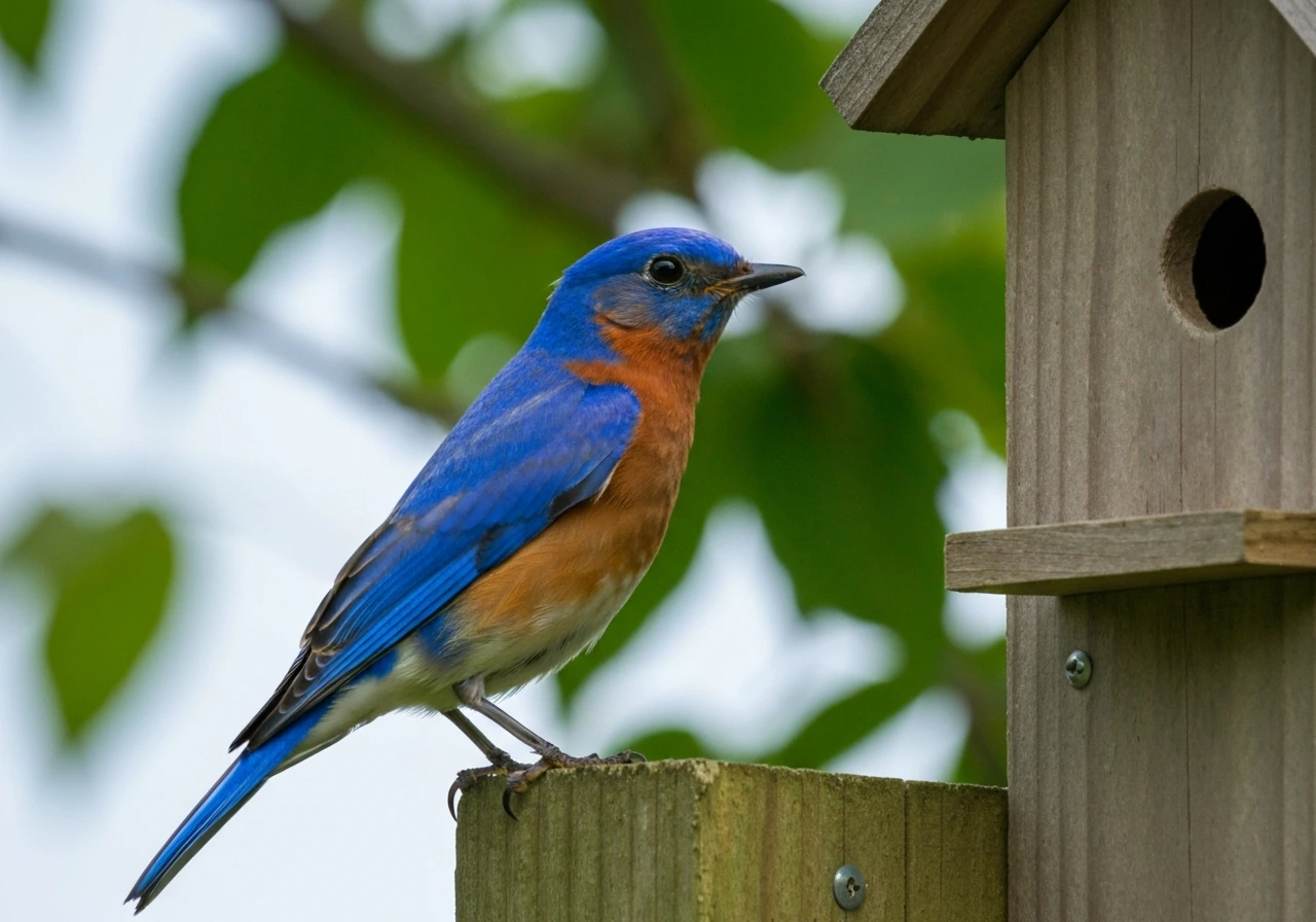 Vivid eastern bluebird perched beside a backyard birdhouse with a calm, hopeful garden background.