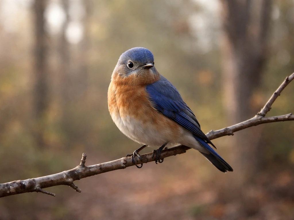 An Eastern bluebird perched on a branch in soft morning light, briefly pausing in the foreground.