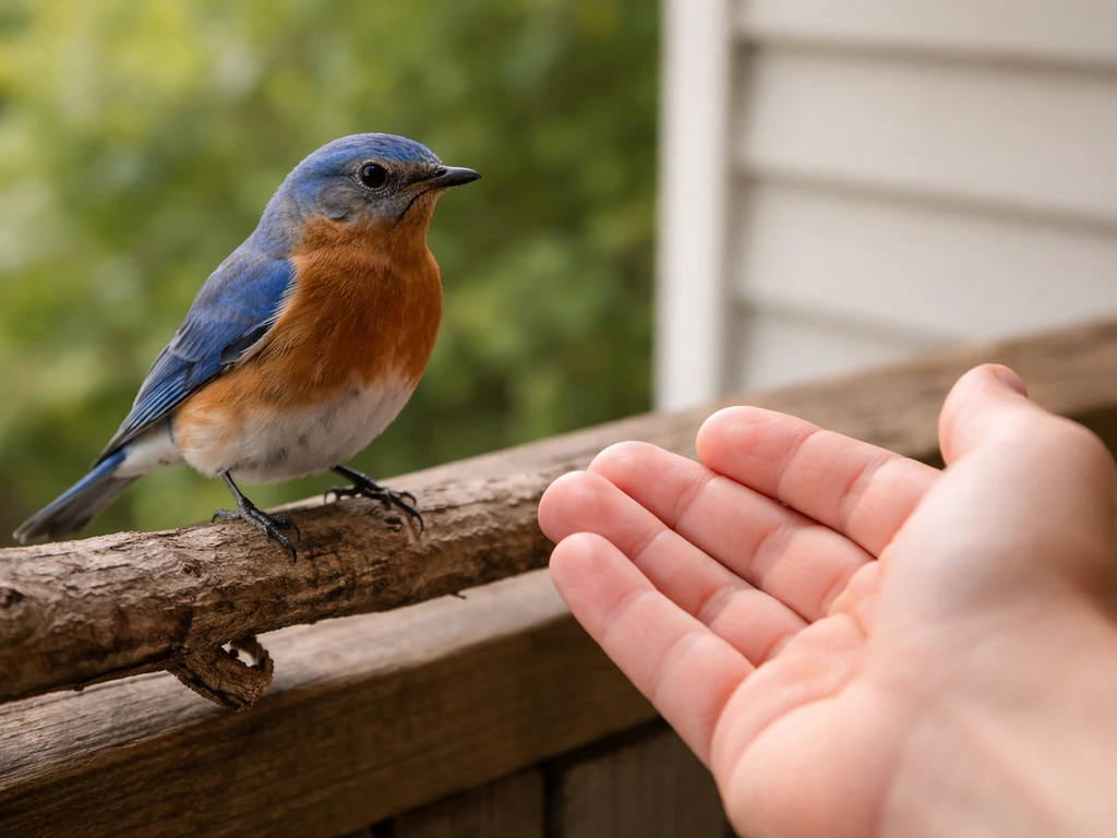 An Eastern bluebird perched a few inches from a person on a low outdoor branch near a patio ledge