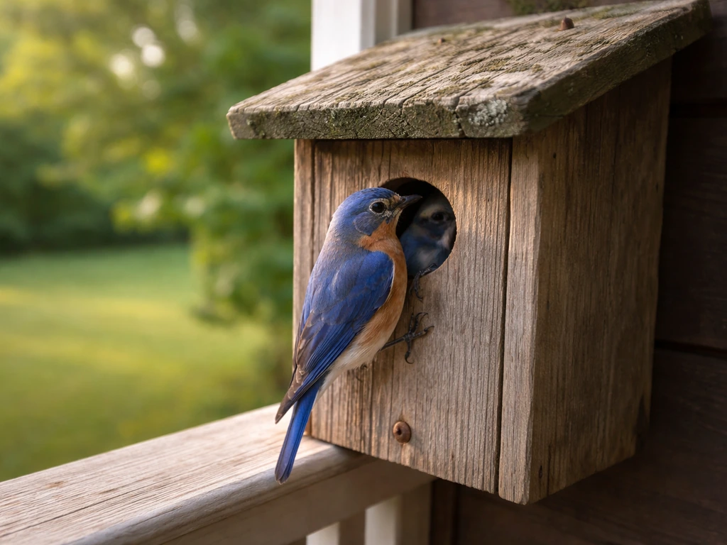 An Eastern bluebird entering a small wooden birdhouse on a porch, showing active nesting.